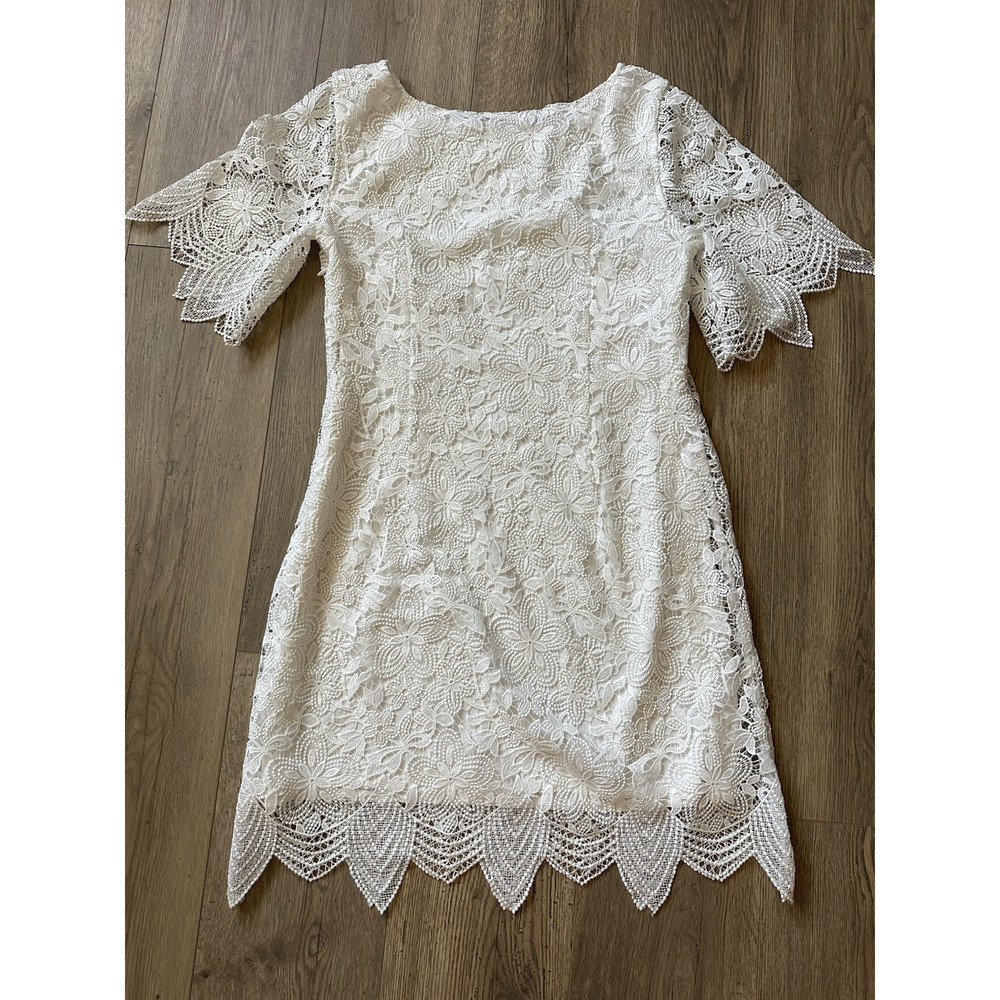 ANTHROPOLOGIE White Boho Floral Lace Knee Dress Wedding Short Sleeve Size 10